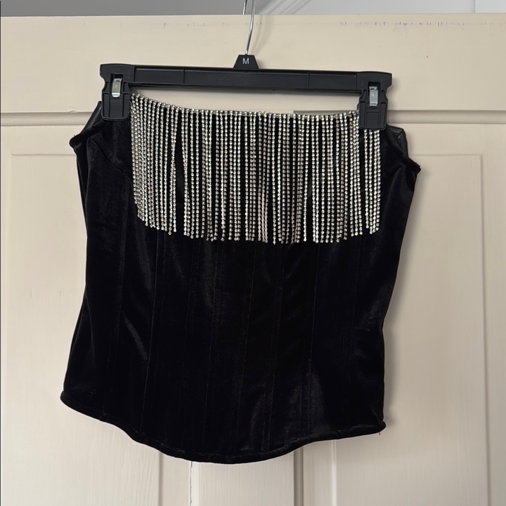 Black Velvet Corset Top with Diamond Fringe